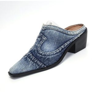 Lazyseal Denim Ondiepe Vierkante Hak Vrouwen Slippers Naaien Herfst Canvas Hak Slipper Puntschoen Slip Vrouwen Casual Vrouwelijke Schoen