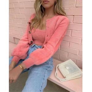 2 Pcs Vrouwen Casual Mode Zachte Pluche Fleece Jas Effen Kleur Lange Mouw Jasje Winter Warm Trui Knop Uitloper Roze groen