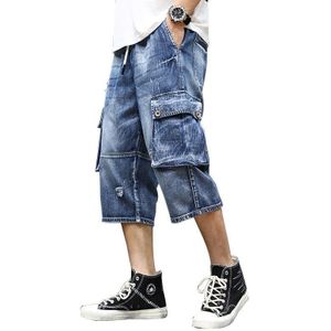 Mens Streetwear Zomer Katoenen Denim Shorts Hieronder Knie Loose Fit Casual Cargo Korte Jeans Hombre Hip Hop Elastische Taille Broek