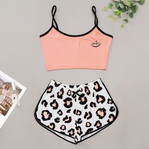 Vrouwen Hemdje Shorts Tweedelige Set Glimlacht Brief Print Roze Vest Top En Luipaard Shorts Homewear Zomer Leisure Nachtkleding