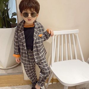 Kinderen Plaid Suit Sets Jongens Leisure Rooster Streep Jurk Gastheer Kostuums Kids Double Breasted Blazer Broek 2 Stuks Kleding sets