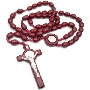 Jezus Houten Kralen 8mm Rozenkrans Bead Kruis Hanger Ketting Geweven Touw Ketting Sieraden Accessoires