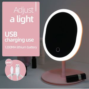 Draagbare LED Verlichte Ronde Make-Up Spiegel Compact Travel Sensing Verlichting Cosmetische Spiegel Draadloze USB Opladen Touch Dimmer