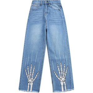 Denim Jeans Mannen Hip Hop Streetwear Broek Mannen Skeleton Palm Print Ripped Jean Casual Broek Breed Been Punk Kleding Baggy broek