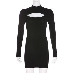 Nclagen Front Hollow Out Vrouwen Jurk Met Lange Mouwen Hip Pakket Mini Vestidos De Mujer Zwarte Harajuku Bodycon Club Jurken Outfit