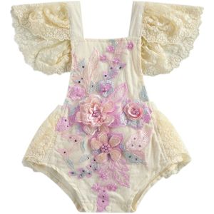 Focusnorm 0-24M Prinses Baby Meisjes Bodysuits Kant Bloemen Print Ruches Korte Mouw Jumpsuits 2 Kleuren