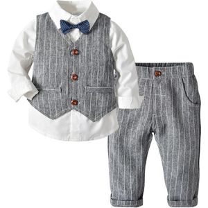 Top En Top Mode Jongens Gentleman Formele Kleding Set Strikje Vest Lange Mouw Blouse Broek 3Pcs Outfits Childrens kleding