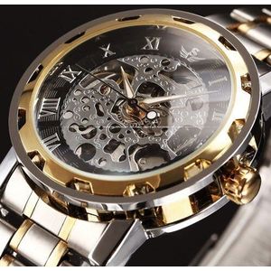 SEWOR winner Skeleton Mechanische Horloge Golden Transparante Steampunk Klok Mannen Roestvrij Volledige Stalen Horloge Relogio