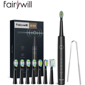 Fairywill Sonic Elektrische Tandenborstel E10 Usb Snel Opladen 5 Modus Tandenborstels Voor Volwassen Met 8 Tand Opzetborstels 1 Tong schrapen