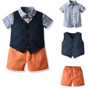 Peuter Baby Boy Pak Formele Little Gentleman Kleren 3 Stuks Korte Mouw Plaid Shirt Vest Shorts