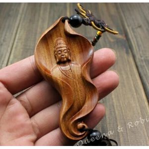 Chinese Knoop Houtsnijwerk Blad Guan Kwan Yin Standbeeld Boeddha Auto Hanger Amulet