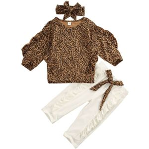 Herfst Kid Baby Meisje Kleding Sets 3 Stuks Ruche Lange Mouwen Leopard Tops Leggings Broek Hoofdband Outfit Set Trainingspak