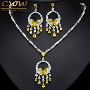 CWWZircons Noble Geel Zirconia Stone Tassel Grote Ketting en Oorbel Vrouwen Prom Party Sieraden Set T026