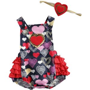 Baby Zomer Kleding Baby Meisjes Valentijnsdag Outfits Liefde Hart Print Ruche Bodysuit Met Hoofdband Set Peuter Kid