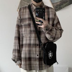 Lente Katoen Plaid Shirt Mannen Mode Retro Bruin Casual Shirt Mannen Streetwear Wilde Losse Lange Mouwen Shirts Heren m-XL