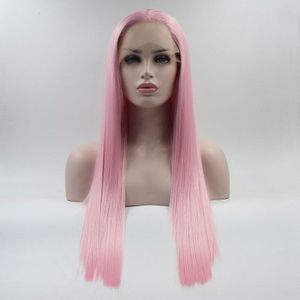Bombshell Wit Roze Zijdeachtige Rechte Synthetisch Haar Lace Front Pruik Lijmloze Hittebestendige Vezel Hair Gratis Scheiding Voor Vrouwen Pruiken