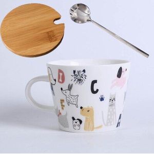 Creatieve Pure Kleur Melk Koffie Water Keramische Mok Thee Cup Cartoon Kitty Thuiskantoor Cup Met Lepel En Deksel