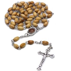 Handgemaakte Ronde Bead Katholieke Rozenkrans Kruis Religieuze Hout Kralen Ketting