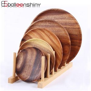 BalleenShiny Natuurlijke Houten Ronde Platen Schotel Lade Handgemaakte Acacia Plaat Ronde Sushi Schotel Dessert Soep Gerechten Servies