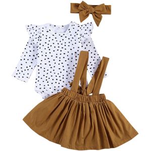 Pasgeboren Baby Meisjes Kleding Set Lange Mouw Stip Bodysuit + Bruin Mini Strap Rokken Lente Herfst Outfits