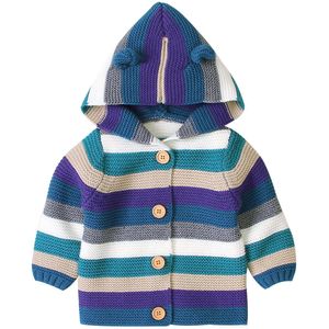 Lente Herfst Warm Gebreide Vest Kids Baby Jongens Meisjes Zoete Gemengde Kleur Streep Lange Mouw Uitloper Casual Hooded Top Truien