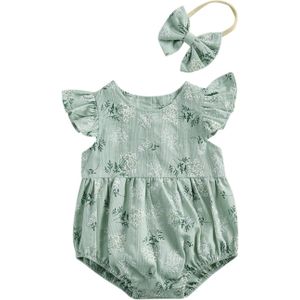 Baby Zomer Kleding Baby Katoenen Jumpsuit Hoofdband Bloemenprint Ronde Kraag Fly Mouw Bodysuit Haarband Meisjes Roze/groen