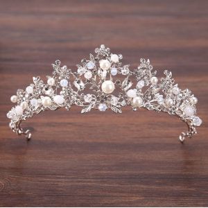 Forseven Zilver Kleur Leaf Crystal Pearl Tiara Kroon Bruids Haar Sieraden Noiva Diadeem Hoofddeksel Pageant Bruiloft Haar Accessoires