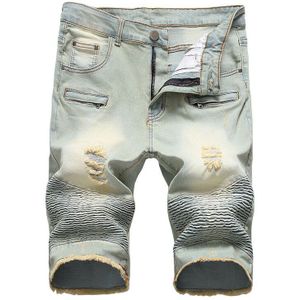 Isurvivor Mannen Vintage Slim Straight Ripped Biker Shorts Voor Motorfiets Knielengte Stretch Denim Geplooide Fringe Jeans