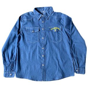 Herfst Mannen Vintage Oversized Denim Shirt Pocket Print Drukknoop Lange Mouwen Casual Streetwear Denim Shirt