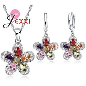 Shining Cz Kristallen Hanger Sieraden Sets Charm Bloem Voor Vrouwen 925 Sterling Zilveren Ketting + Oorbellen Set