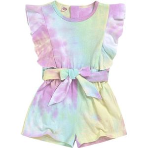 Peuter Meisje Tie Dye Zomer Kleding, kleurrijke Gradient Ruche Korte Mouwen Jumpsuit Met Strik Tailleband Meisje, 9M-8T