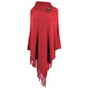 Vrouwen Gebreide Trui Top Half Geopend Kraag Knoppen Warme Sjaal Wrap Fringe Kwasten Zoom Effen Kleur Poncho Cape