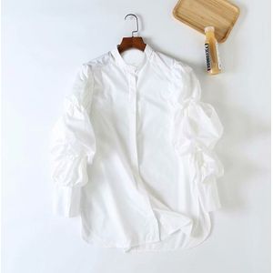 Vgh Casual Wit Shirt Voor Vrouwen O Hals Puff Lange Mouwen Single Breasted Shirts Vrouwelijke Herfst Mode Kleding