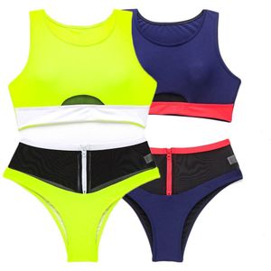 Belleziva Vrouwen Sport Bikini Set Ronde Hals Stiksels Mesh Hoge Taille Rits Split Badpak Tankini Biquini Patchwork Badmode