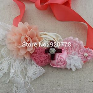 coral ivoor roze bloem sash vintage stijl riem bloem meisje sash Verjaardag outfit sash 10 stks/partij