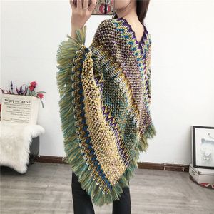 Vrouwen Nationale Geometrische Mantel Kwasten Sjaal Gebreide Lente Hedging Mohair Omzoomd Gebreide Sjaal Jas Lange Shawl Casual Poncho