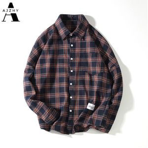 Katoen Plaid Shirt Heren Lange Mouw Casual Turn-Down Kraag Koreaanse Shirt Vintage Herfst Japanse Streetwear Button Shirt