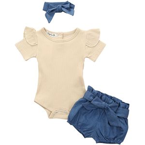 0-24M Pasgeboren Baby Girl Kid Kleding Sets Solid Korte Mouw Tops Romper Shorts Hoofdband Outfit Kleding