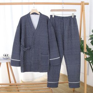 Herfst Winter Japanse Paar Kimono Pyjama Mannen 100% Katoen Luchtlaag Lange Mouwen Gewatteerde Paar Nachtkleding Pak