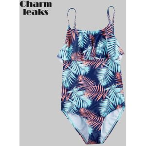 Charmleaks Meisjes Een Stuk Badpakken Leaf Print Badmode Ruche Kids Bikini Verstelbare Riem Beach Wear
