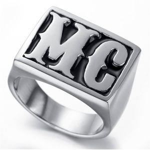 Punk Zwart Zilver Kleur Tone Carved Brief Mc Signet Rock N Roll Mens Jongens 316L Rvs Ring