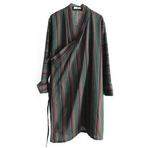 Chinese Stijl Shirts Lente Herfst Lange Mouwen Katoen Linnen Shirt Gestreepte Riem Hanfu Retro V-hals Tang Pak Tops Mannen