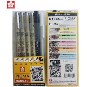 Sakura 6 Pcs Pigma Micron Pen, Archival Pigment Inkt Technische Tekening Pen Manga Voor Kunstenaar 005,01, 05,08, fb Borstel, Gelly Roll Wit