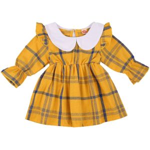 Baby Meisjes Herfst Lange Mouw Plaid Jurk Peuter Kids Pop Kraag Geel A-lijn Knielange Lente Mode Prinses Jurk