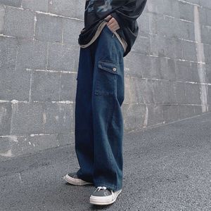 Streetwear Japanse Mode Side Pocket Denim Pant Solid Gewassen Blauw Eenvoudige Casual Losse Rechte Jeans Plus Size Mannen Zomer