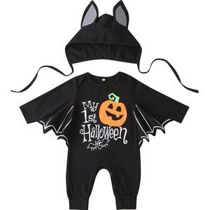 Halloween Kostuum Peuter Baby Jongens Meisjes Zwarte Romper Baby Jumpsuits Leuke Bat Wing Mouw Pompoen Gedrukt Patroon Kleding