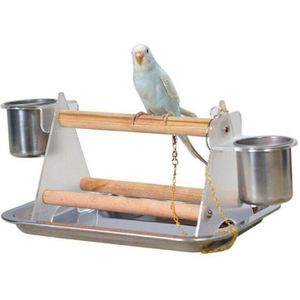 Solid Pet Parrot Bird Perch Table Top Stand Metal Wood 2 Cups Play Breeds 35*13*14cm