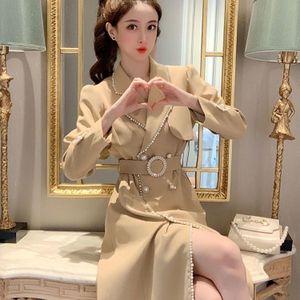 High-End Zwart Kaki Windjack Vrouwen Elegante Woon-werkverkeer Lente Herfst Parel Slanke Lange Franse Mode Jas