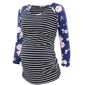 Gestreepte Bloemen vrouwen Side Ruches 3/4 Mouwen Moederschap Tops Vintage Bloem T-shirt Top Zwangerschap Kleren Raglanmouwen Blouse