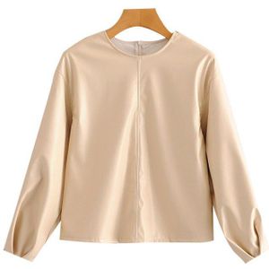 Kpytomoa Vrouwen Mode Pu Faux Leer Losse Blouses Vintage Lange Geplooide Mouwen Terug Rits Vrouwelijke Shirts Blusas Chic Tops